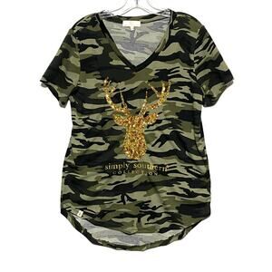 Simply Southern Camo V Neck Shirt Camo Gold Sequin Deer Face Womens Large L
